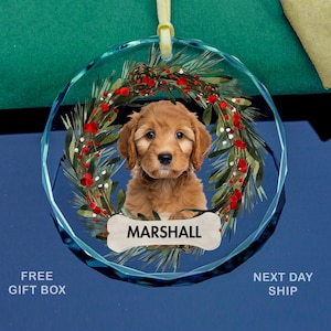 May include: A clear, round ornament featuring a golden-brown puppy inside a wreath of green pine needles, red berries, and white accents. The puppy's name, "MARSHALL," is on a bone-shaped tag. The ornament hangs from a yellow ribbon.