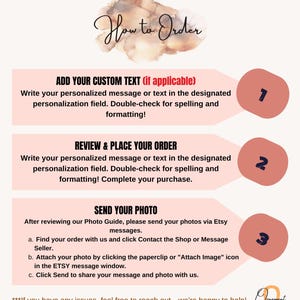 May include: A three-step guide on how to order a personalized product. The steps are: 1. Add your custom text, 2. Review and place your order, and 3. Send your photo. The guide is illustrated with pink circles with the numbers 1, 2, and 3.