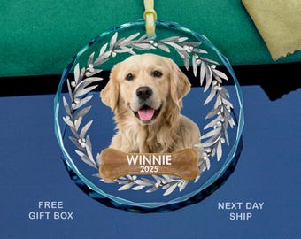 Personalized Dog Christmas Glass Ornament 2025, Custom Pet Photo Memorial Gift