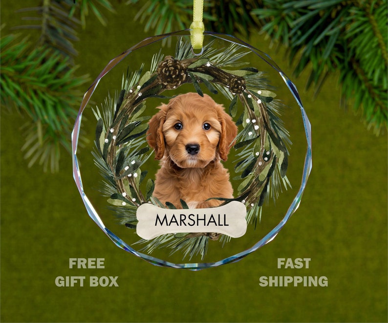 May include: A round glass Christmas ornament featuring a brown and white puppy with a green wreath around it. The ornament has a bone-shaped tag with the name "MARSHALL" written on it.