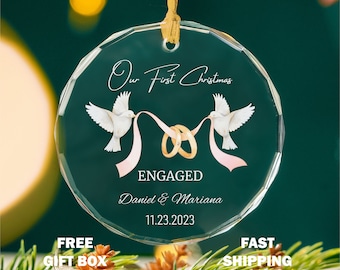 Personalized Engaged Christmas Glass Ornament, Our First Christmas Engaged Ornament, Newly Engaged Gift for Christmas