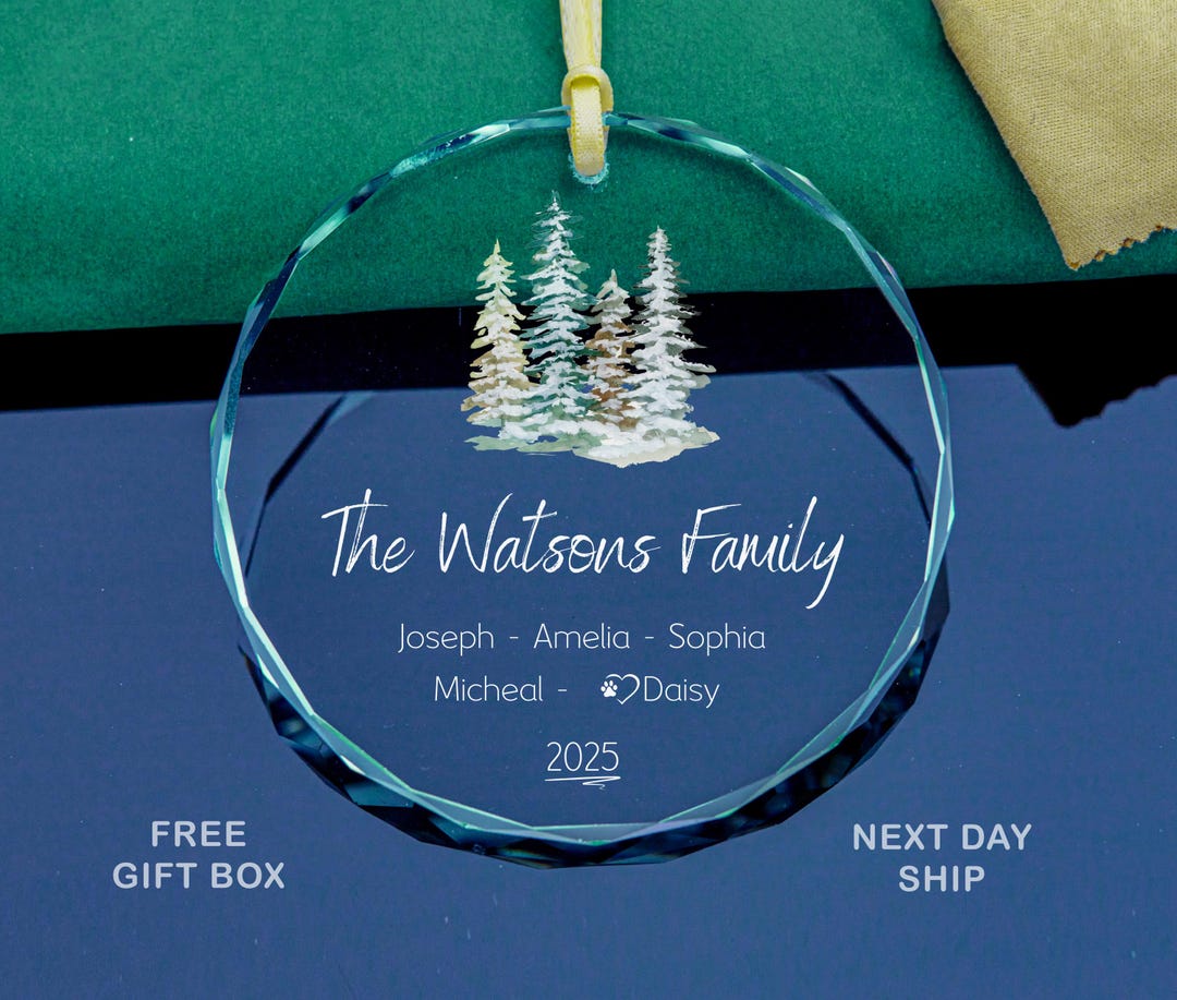 Custom Family Name Glass Ornament Winter Pine Tree Personalized ...
