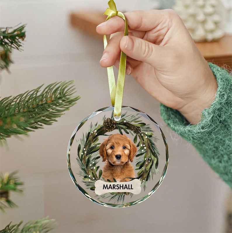 May include: A round glass Christmas ornament with a green wreath and a golden retriever puppy inside. The puppy is looking at the camera and the ornament has the name "MARSHALL" written on it.