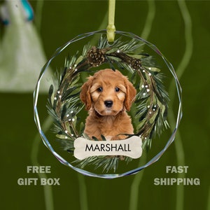 May include: A round glass Christmas ornament featuring a brown dog with a green wreath and the name "MARSHALL" on a bone.