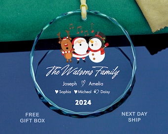 Family Christmas Glass Ornamentswith Pet Name, Personalized Family Ornament Gifts, Family Keepsake, Family Snowman Reindeer Ornament