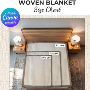 Woven Blanket Size Chart Mockup | Editable Canva Template, Throw Blanket Sizing Guide for Printify, MWW, Gooten Woven Fringe Blanket Mock-Up