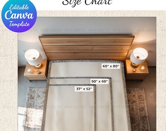 May include: A size chart for woven blankets, with three different sizes displayed on a bed. The largest blanket is 60" x 80", the medium is 50" x 60", and the smallest is 37" x 52". The text "WOVEN BLANKET Size Chart" is at the top.