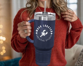 40oz Navy Blue Insulated Travel Mug Mockup | Printify Polar Camel Tumbler, Christmas Model Boho Style, Cozy Casual Mock-Up for POD Designs