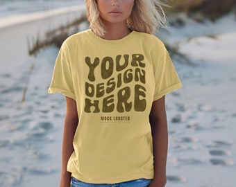 Maqueta de camiseta extragrande de Butter Comfort Colors 1717 para playa, verano, vacaciones, viajes, CC1717, modelo femenino, maqueta informal