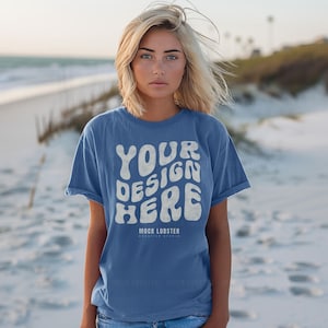 Maquette de plage d&#39;été bleu Jean Comfort Colors 1717 | Voyage Vacances Vacances CC1717 Maquette de t-shirt surdimensionné pour femme, modèle décontracté