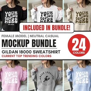 May include: A mockup bundle of 24 different colored Gildan 18000 sweatshirts, featuring a female model wearing a variety of colors, including black, white, beige, pink, gray, and blue. The text "YOUR DESIGN HERE" is printed on the sweatshirts.