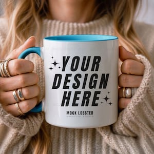 Light Blue Accent Mug Mockup | Light Blue Handle Mug Model Mock-Up, 11oz Two-Tone Colorful Mug Neutral Cozy Boho Aesthetic Coffee Cup Mockup