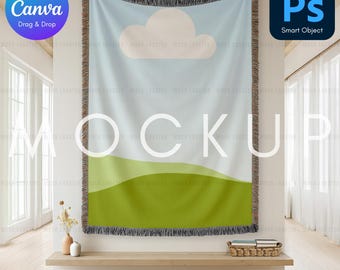Woven Blanket Mockup | Printify Woven Throw Blanket Mock-Up for POD | Canva Template + PSD Smart Object + PNG | Trendy Home Decor Template
