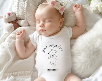 Baby Onesie Mockup, White Baby Bodysuit Mockup | Rabbit Skins Baby Bodysuit Mockup, Baby Girl Model Onesie Mock-up, Newborn Baby Onesie
