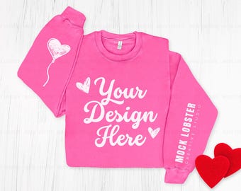 Gildan 18000 Valentijnsdag sleeve mockup veiligheidsroze platliggend G180-sweater | Flatlay op linker- en rechtermouwdruk schone minimale vloerplooi