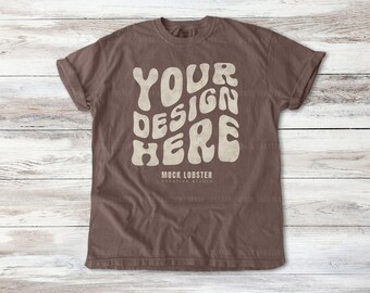 Comfort Colors 1717 Espresso Mockup | Flat Lay Comfort Color C1717 T-Shirt Mock-Up | Trendy Natural Wood Floor Flatlay Canva TShirt Mock