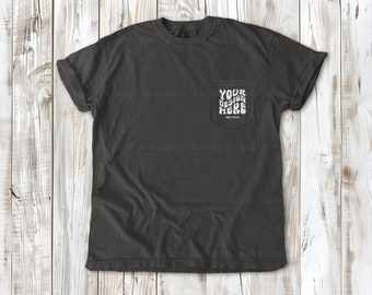 Comfort Colors 6030 Pepper Mockup | Pocket Tee Flat Lay C6030 Mock-Up | Summer Beach Vibes, Boho Wood Floor Flatlay T-Shirt Mock-Up