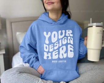 Gildan 18500 Hoodie Mockup Carolina Blue | Real Model Mock-Up G185 Hooded Sweatshirt & Stanley Tumbler Cup | Neutral Casual Cozycore Mock
