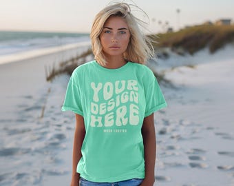 Island Reef Comfort Colors 1717 Summer Beach Mockup | Travel Vacation Holiday CC1717 Female Model Oversized T-Shirt Mock-Up, Casual Mocks