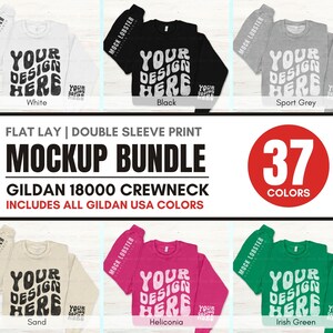 May include: A flat lay mockup bundle of 37 Gildan 18000 crewneck sweatshirts in various colors. The sweatshirts feature a double sleeve print with the text "Your Design Here" in a retro font. The colors shown are white, black, sport grey, sand, heliconia, and Irish green.