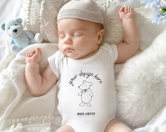 Baby Onesie Mockup, White Baby Bodysuit Mockup | Rabbit Skins Baby Bodysuit Mockup, Baby Boy Model Onesie Mock-up, Newborn Baby Onesie