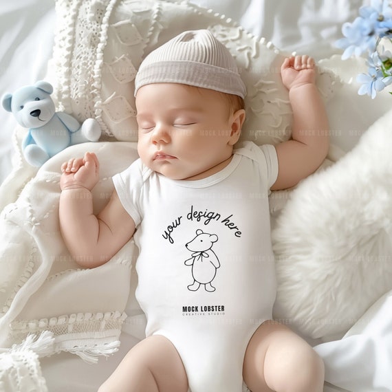 Baby Onesie Mockup, White Baby Bodysuit Mockup | Rabbit Skins Baby Bodysuit Mockup, Baby Boy Model Onesie Mock-up, Newborn Baby Onesie