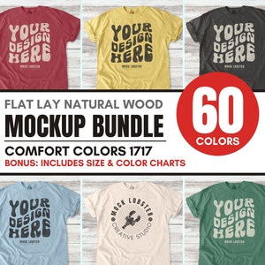 Comfort Colors 1717 Mockup Bundle | Flat Lay C1717 Trendy Natural Wood Floor T-Shirt Mock-Up Bundle, Size & Color Charts, Flatlay Mocks