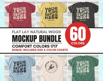Comfort Colors 1717 Mockup Bundle | Flat Lay C1717 Trendy Natural Wood Floor T-Shirt Mock-Up Bundle, Size & Color Charts, Flatlay Mocks