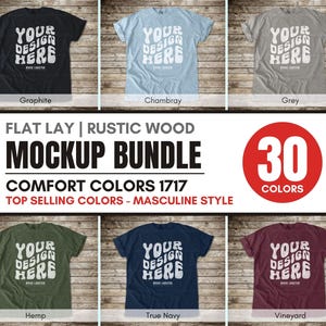 May include: A flat lay mockup bundle of t-shirts in various colors, including graphite, chambray, and grey. Each shirt displays the text "YOUR DESIGN HERE". The image also includes text that reads "MOCKUP BUNDLE" and "30 COLORS".