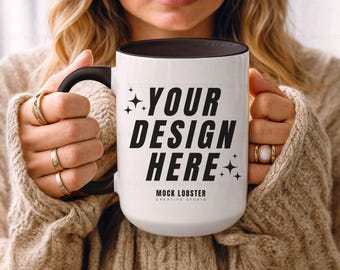 Black Accent Mug Mockup | Black Handle Mug Model Mock-Up, 15oz Two-Tone Ceramic Colorful Mug Neutral Cozy Boho Aesthetic Coffee Cup Mockup