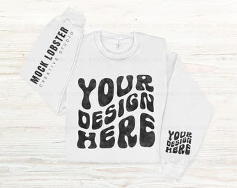 Gildan 18000 Sleeve Mockup White Flat Lay Sweatshirt | Both Left & Right Sleeve Print Flatlay Mock-Up, Gildan G180 Crew Floor Folded Mock