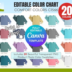 May include: A color chart with 20 different colors of sweatshirts. The colors include blue jean, spruce, chalky mint, Chambray, crimson, denim, grey, lagoon blue, light green, topaz blue, true navy, violet, watermelon, and white. The chart is fully editable in Canva and includes 20 beautiful transparent PNG product photo color swatches.