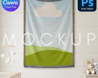 Woven Blanket Mockup | Printify Woven Throw Blanket Mock-Up for POD | Canva Template + PSD Smart Object + PNG | Cute Baby Nursery Template