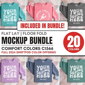 May include: A mockup bundle of 20 different color sweatshirts with the text "Your Design Here" printed on them. The sweatshirts are laid flat on a wooden surface. The text "Included in Bundle!" is displayed above the sweatshirts. The text "Flat Lay | Floor Fold Mockup Bundle" is displayed below the sweatshirts. The text "Comfort Colors C1566 Full 2024 Swiftpod Color Offering" is displayed below the text "Mockup Bundle". The text "20 Colors" is displayed in a red circle below the sweatshirts.