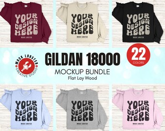 Gildan 18000 Mockup Bundle Flat Lay Sweatshirt | Folded Crewneck Wood Floor Flatlay Mock-Up & Large Design Area, Gildan G180 Crew Mock
