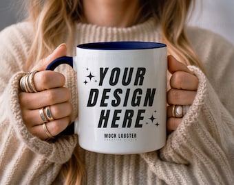 Navy Accent Mug Mockup | Navy Handle Mug Model Mock-Up, 11oz Two-Tone Ceramic Colorful Mug Neutral Cozy Boho Aesthetic Coffee Cup Mockup