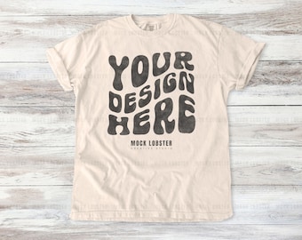 Comfort Colors 1717 Ivory Mockup | Flat Lay Comfort Color C1717 T-Shirt Mock-Up | Trendy Natural Wood Floor Flatlay Canva TShirt Mock