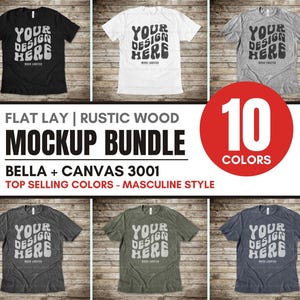 Bella Canvas 3001 Mockup Bundle | Flat Lay Masculine Style, Rustic Wood Floor, Unrolled Open Flat Sleeves, Men&#39;s T-Shirt Mock-Up Bundle