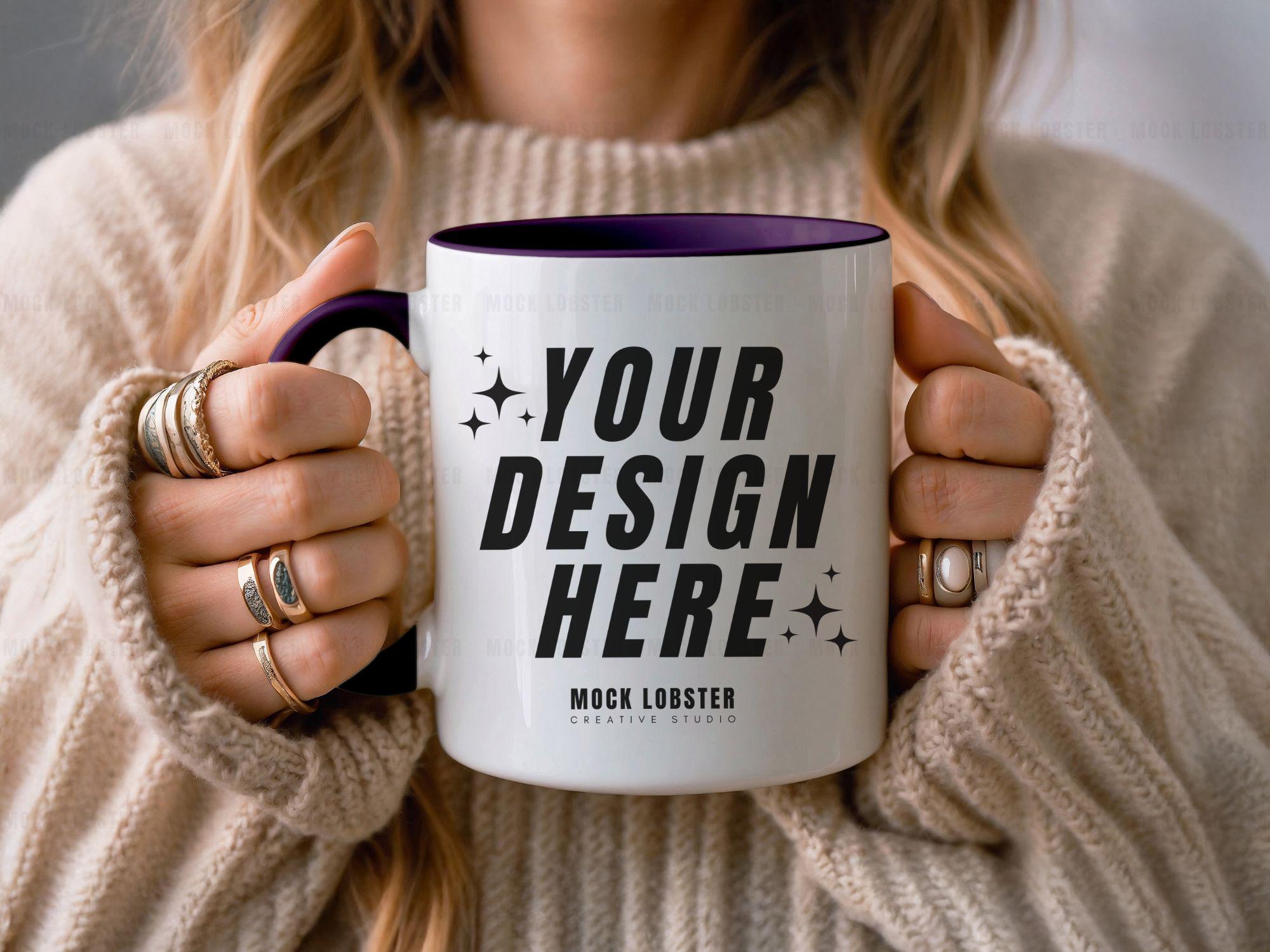 Purple Accent Mug Mockup | Purple Handle Mug Model Mock-Up, 11oz Two-Tone Ceramic Colorful Mug Neutral Cozy Boho Aesthetic Coffee Cup Mockup