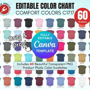 Tabla de colores Comfort Colors 1717 / Plantilla editable de Canva, guía de colores de la tabla de colores C1717, fotos PNG de 60 colores, tabla personalizada con marca
