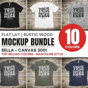 Bella Canvas 3001 mock-upbundel | Platliggend, mannelijke stijl, rustieke houten vloer, uitgerolde open platte mouwen, mock-upbundel heren-T-shirt
