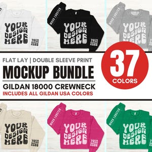 May include: Mockup bundle of 37 Gildan 18000 crewneck sweatshirts with double sleeve print. The sweatshirts are shown in various colors, including white, black, grey, beige, pink, and green. The text "Your Design Here" is printed on the front of each sweatshirt.