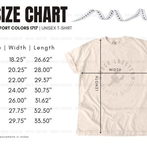 Comfort Colors 1717 Size Chart | C1717 T-Shirt Size Chart With Ivory Flat Lay TShirt Mockup | Comfort Colors 1717 Size Guide