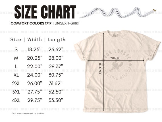 Comfort Colors 1717 T-shirt Size Chart: Ivory Flat Lay (digital