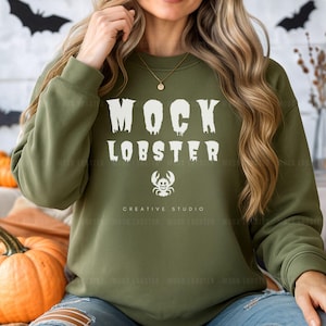 Gildan 18000 Halloween Mockup | G180 Military Green Sweatshirt Model Mock-Up, Fall Cozy Oversized Crew, Trendy Casual Boho Autumn Sweater