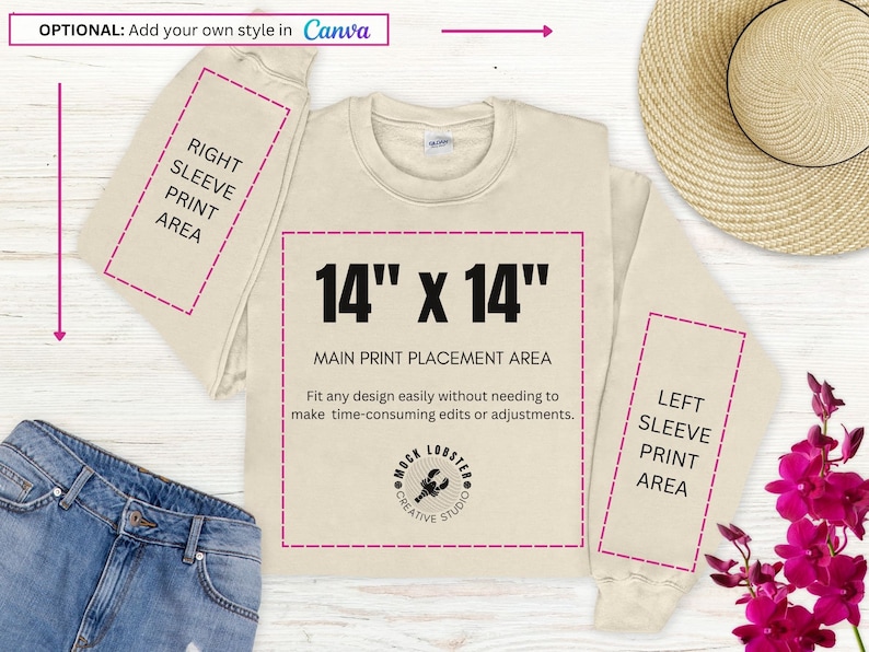 May include: A beige sweatshirt with a 14" x 14" print area on the front. The text "RIGHT SLEEVE PRINT AREA" is on the right sleeve and "LEFT SLEEVE PRINT AREA" is on the left sleeve. The text "MAIN PRINT PLACEMENT AREA" is below the print area. The text "Fit any design easily without needing to make time-consuming edits or adjustments." is below the text "MAIN PRINT PLACEMENT AREA".