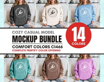 Comfort Colors 1466 Mockup Bundle | C1466 Model Mock-Ups, Lightweight Crewneck Sweatshirt Mock-Up | Boho Style, Simple Cozy Casual Aesthetic