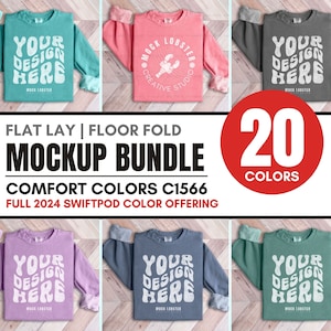 Comfort Colors 1566 Mockup Bundle | Folded Flat Lay C1566 Crew Sweatshirt Mock-Up Bundle, Flatlay Wood Floor Fold CC1566 Mocks 20 Colors