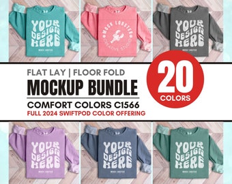 Comfort Colors 1566 Mockup Bundle | Folded Flat Lay C1566 Crew Sweatshirt Mock-Up Bundle, Flatlay Wood Floor Fold CC1566 Mocks 20 Colors