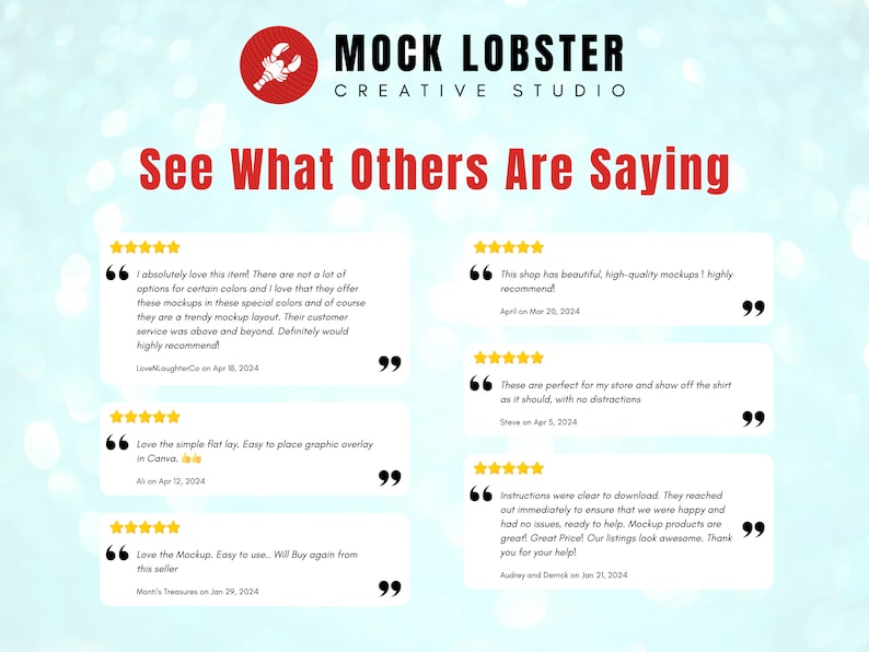 May include: The image features the "MOCK LOBSTER CREATIVE STUDIO" logo with a red lobster icon. Below, the text "See What Others Are Saying" is displayed in red. Customer reviews with star ratings and quotes are shown.